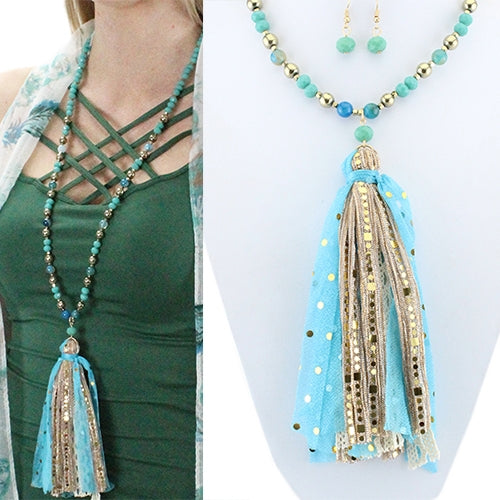 Blue and Turquoise Beaded Necklace with Blue Tassels