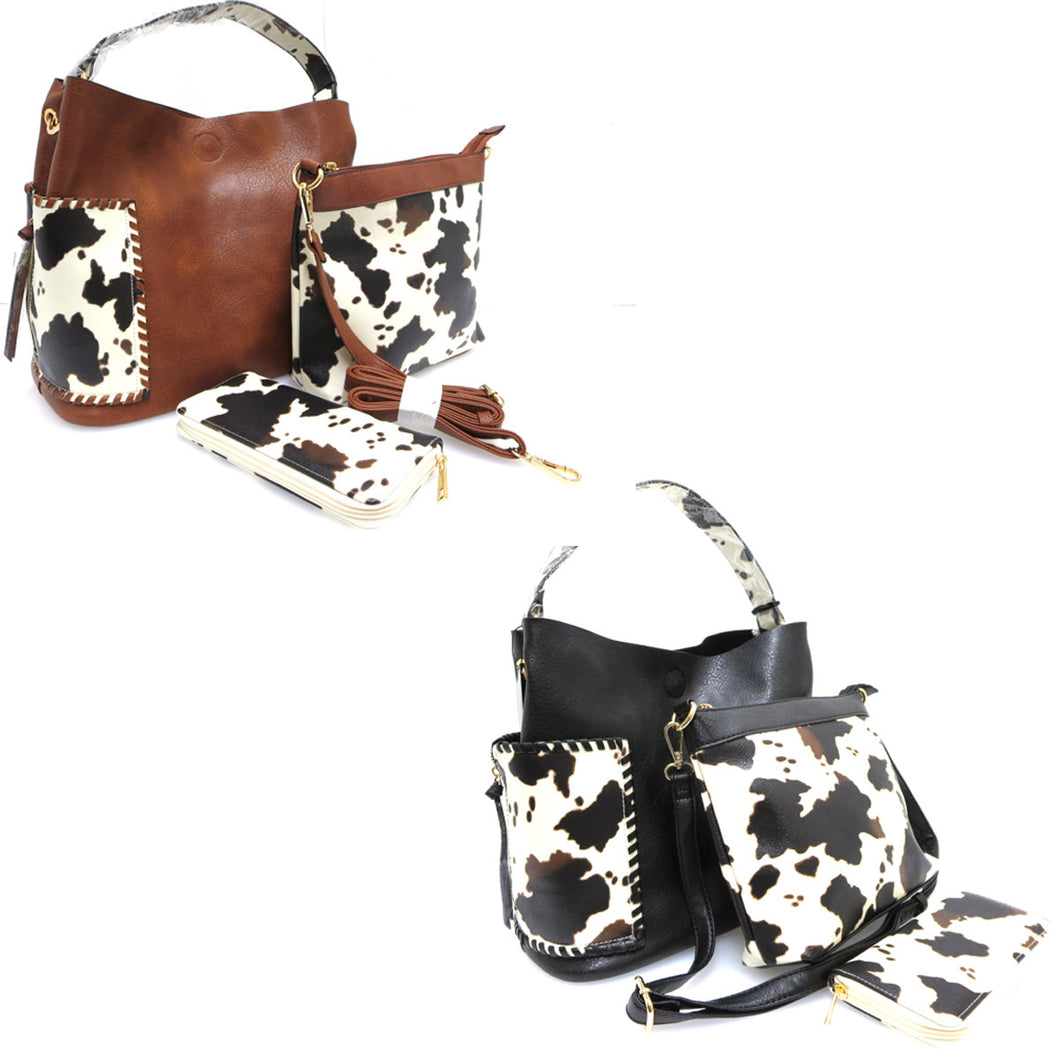 Brown and Cow Print 3 Piece Set Purse