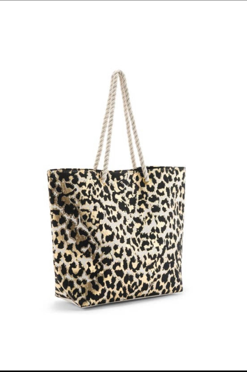 Extra- Large Cotten Canvas Beach Tote Bag- Leopard Print