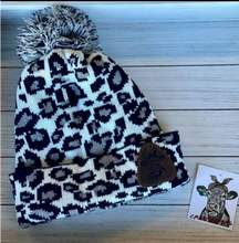 Load image into Gallery viewer, White Leopard Pom Beanie with Leather Patch
