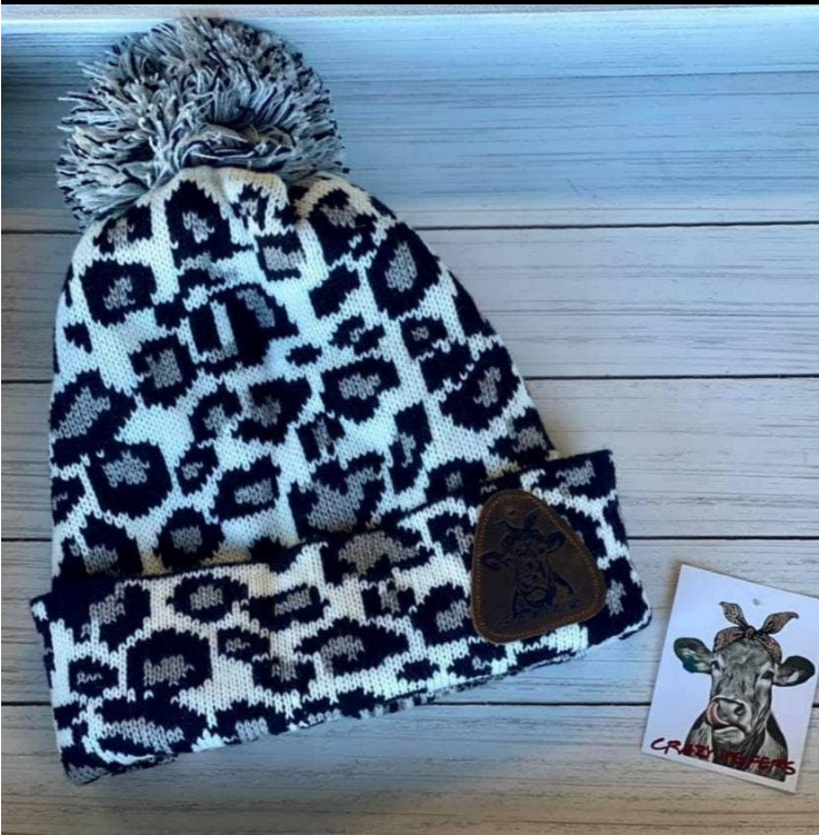 White Leopard Pom Beanie with Leather Patch