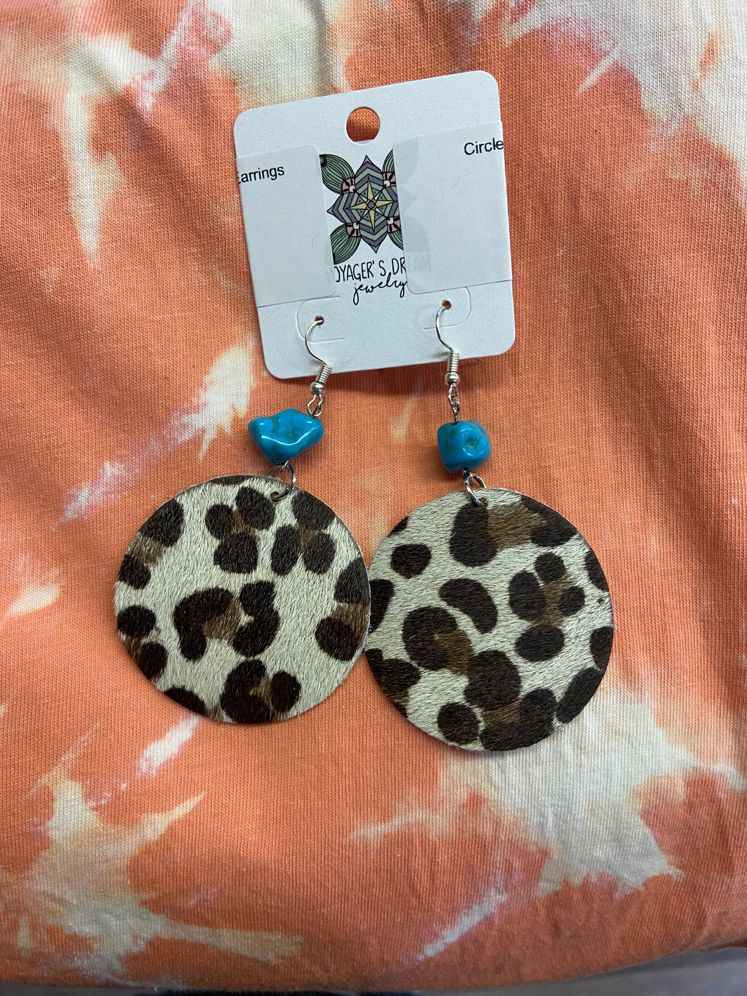Circle Brown Leopard with Turquoise Stones Earrings