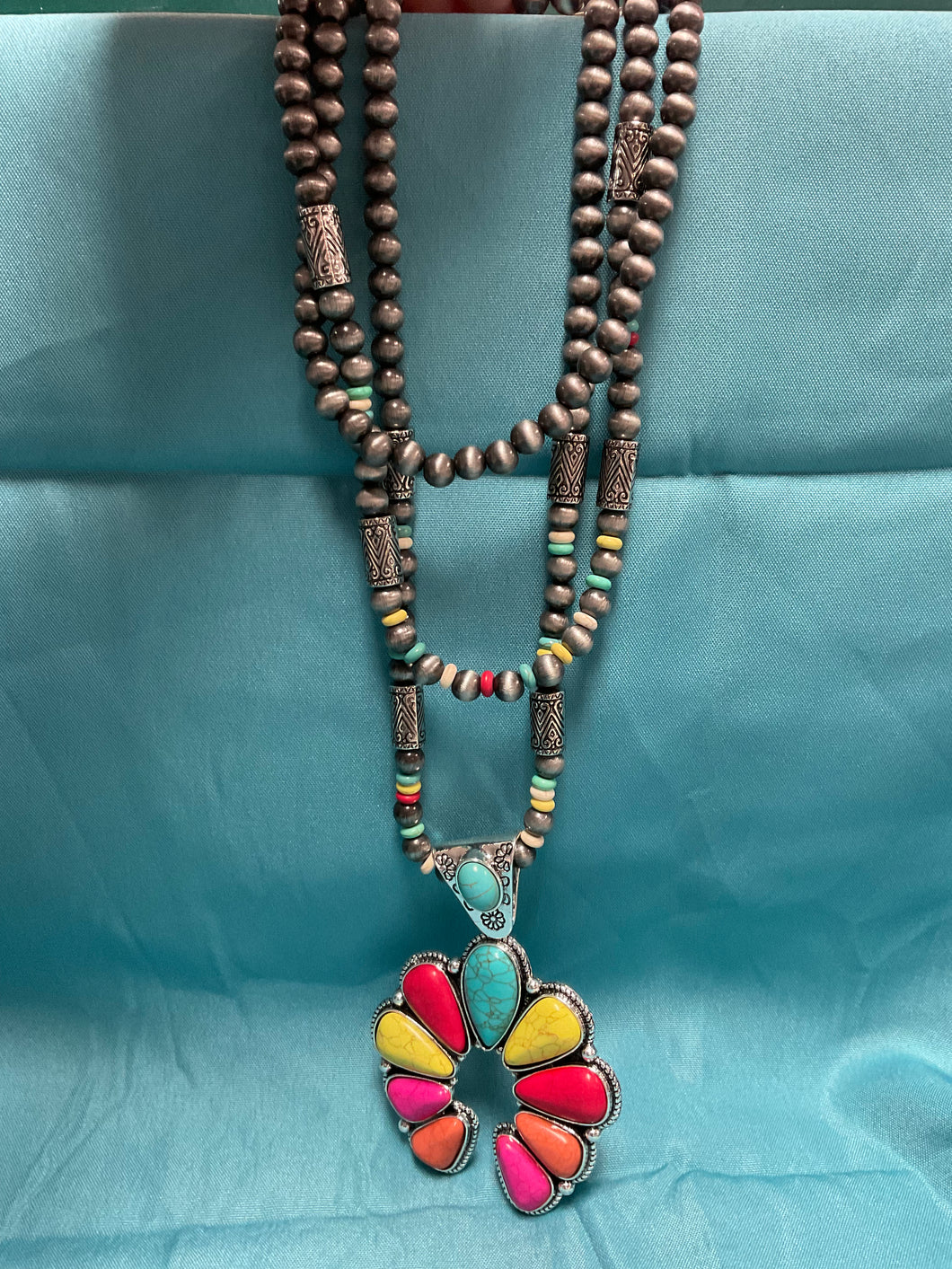 Multi colored stone and silver beaded necklace