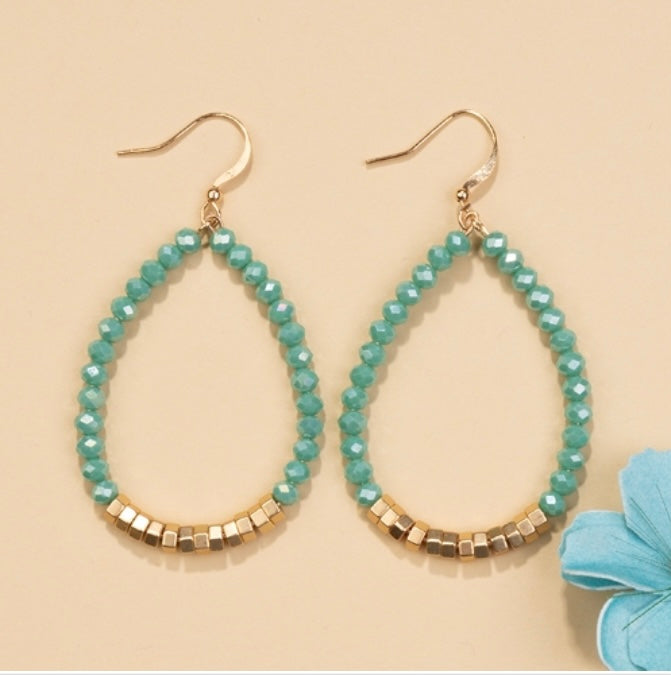 Turquoise and Gold Crystal Beaded Hoop Earrings