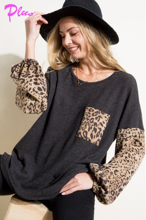 Plus Size Charcoal and Brown Leopard Mixed Top