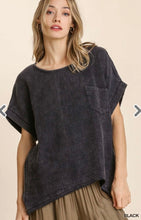 Load image into Gallery viewer, Umgee Mineral Wash Short Dolman Sleeve Top with Fringe Hem and Chest Pocket
