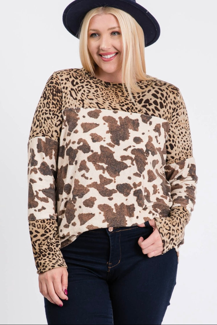 Mocha Leopard and Cow Print Long Sleeve Top