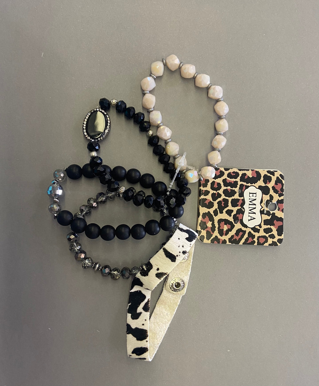 Black Cowhide with Black & Sliver Beads Stacked Bracelets
