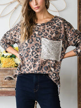 Load image into Gallery viewer, Mocha Leopard Top with Sequin Patch Pocket

