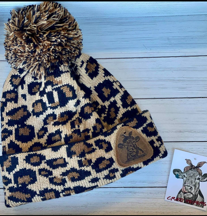 Brown Leopard Pom Beanie with Leather Patch