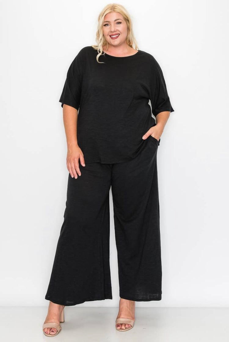 Plus Size Relaxed Fit Top and Flare Pants Set-Black