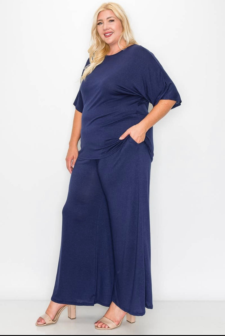 Navy Plus Size Relaxed Fit Top and Flare Pants Set