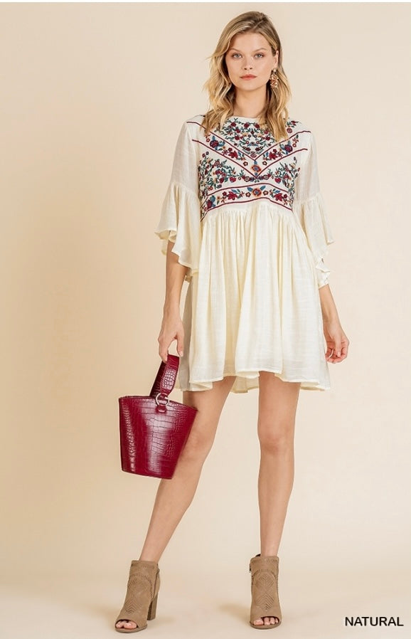 Umgee 3/4 Bell Sleeve Keyhole Dress with Floral Embroidered Yoke