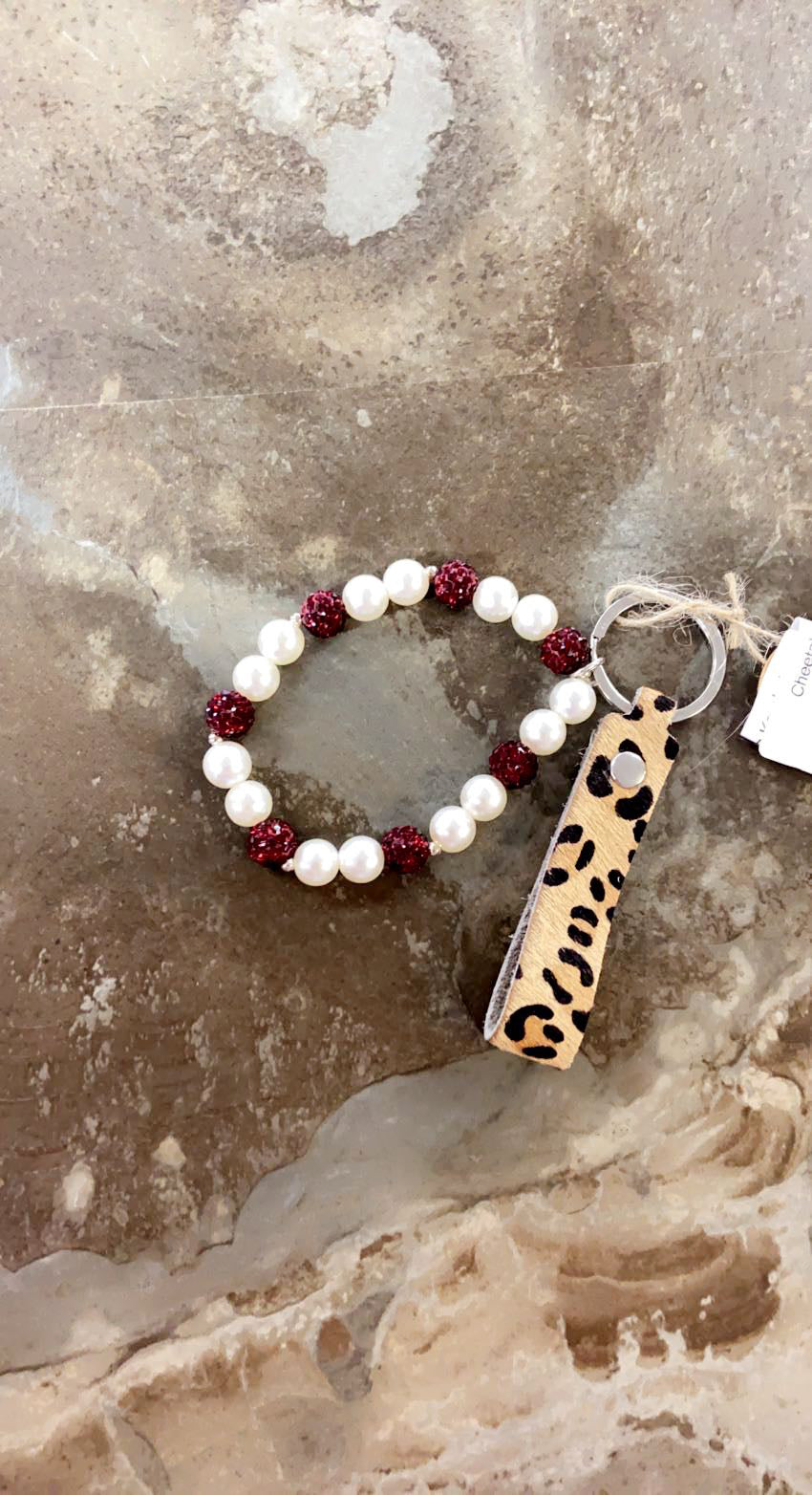 Cheetah Pearl and Red Bling Keychain