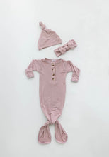 Load image into Gallery viewer, Dusty Rose Knotted Baby Gown with Hat and Headband Set
