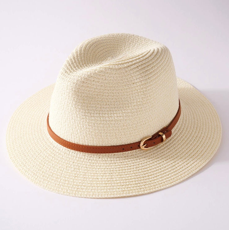 Panama White Leather strap summer hat