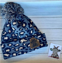 Load image into Gallery viewer, Grey Leopard Pom Beanie with Leather Patch
