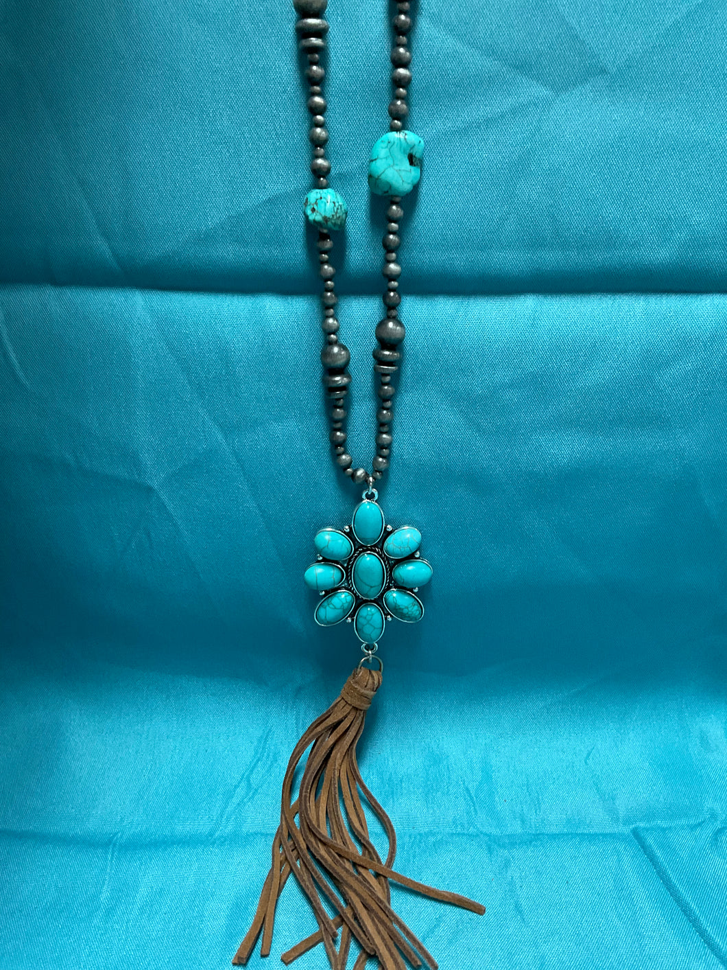 Squash turquoise with leather tassel necklace