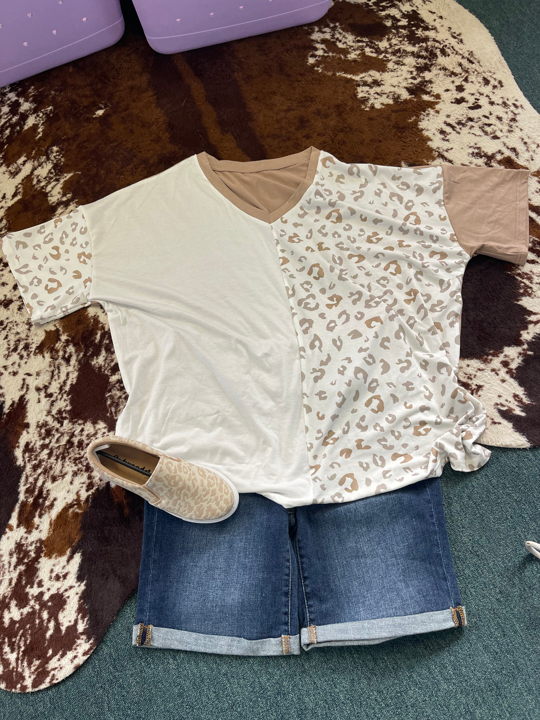 Leopard and white patchwork plus size shirt