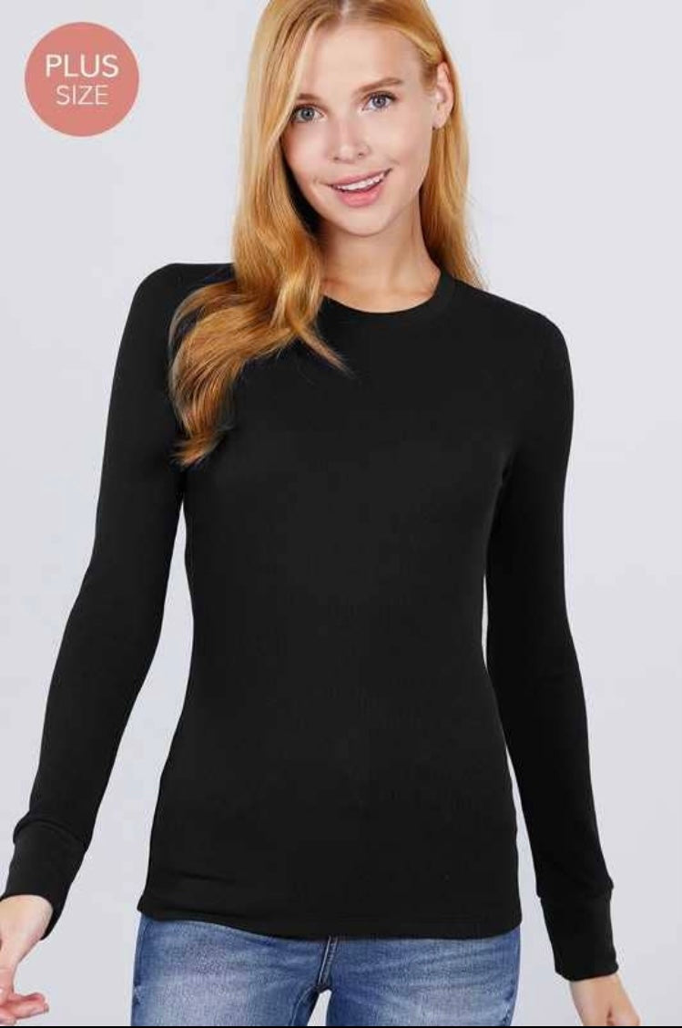 Black Plus Size Long Sleeve Crew Neck Thermal Knit Top