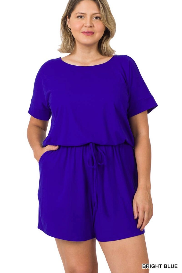 Royal Blue Plus Size Romper with Pockets