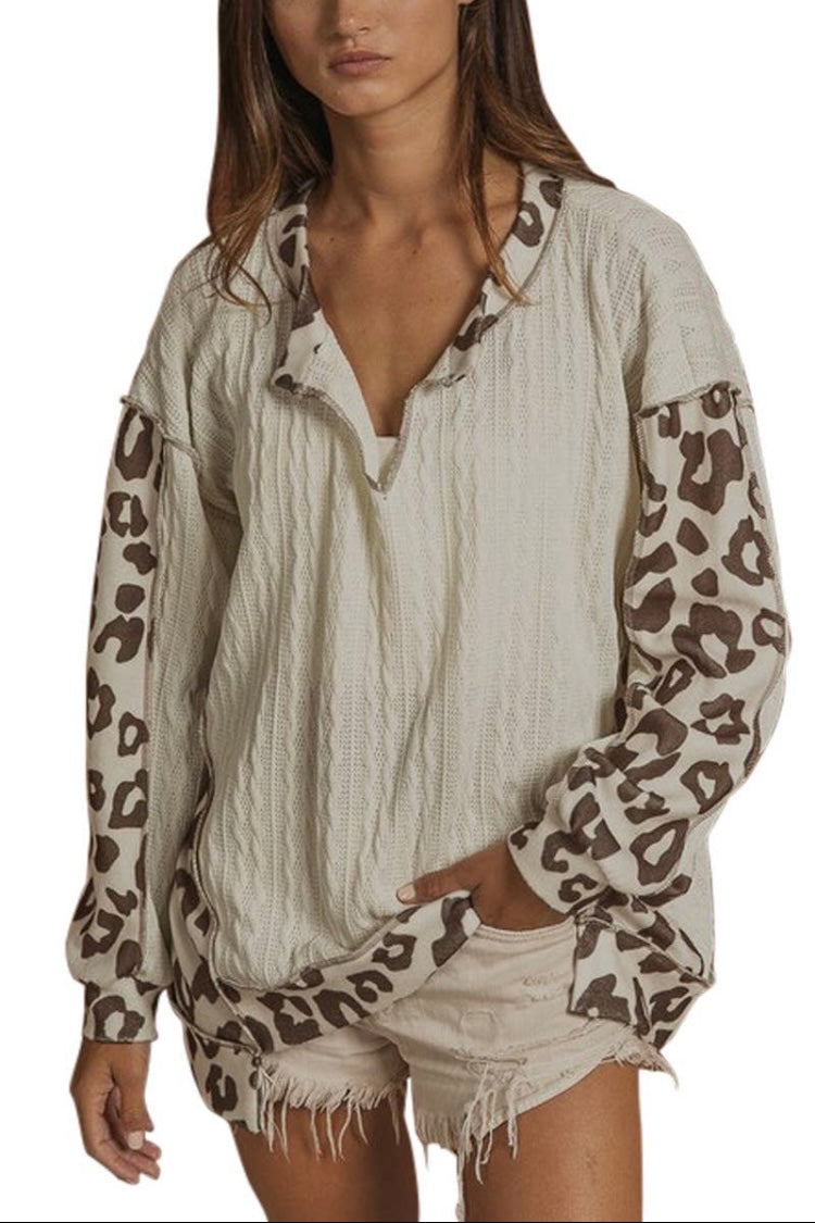 Leopard and Ivory Cable Knit Long Sleeve Top