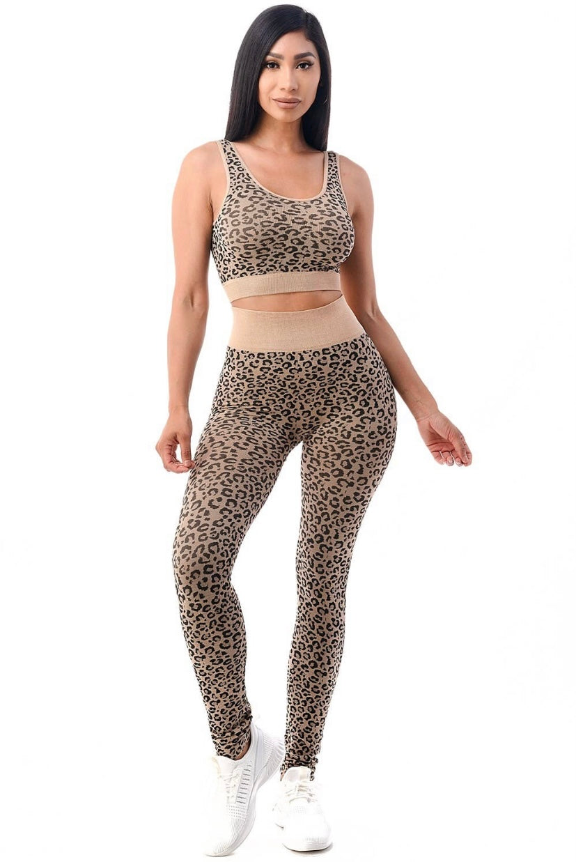 Seamless Nude and Leopard Bralette and Legging Set