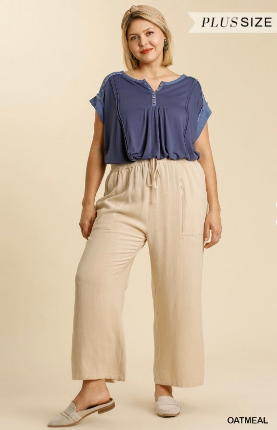 Umgee Linen Blend Elastic Waistband and Drawstring Wide Leg Jogger Pants with Pockets