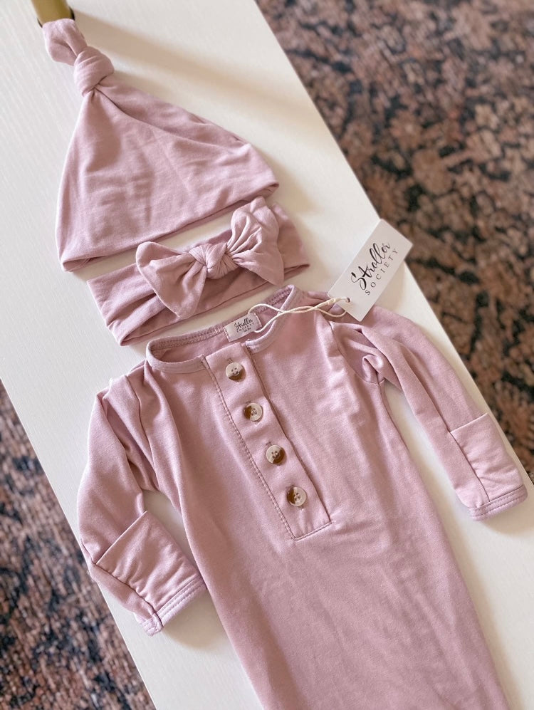 Dusty Rose Knotted Baby Gown with Hat and Headband Set