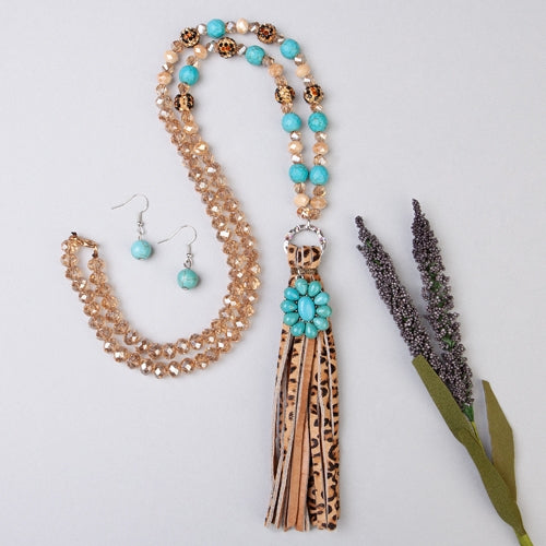 Turquoise and Cheetah Tassel Necklace
